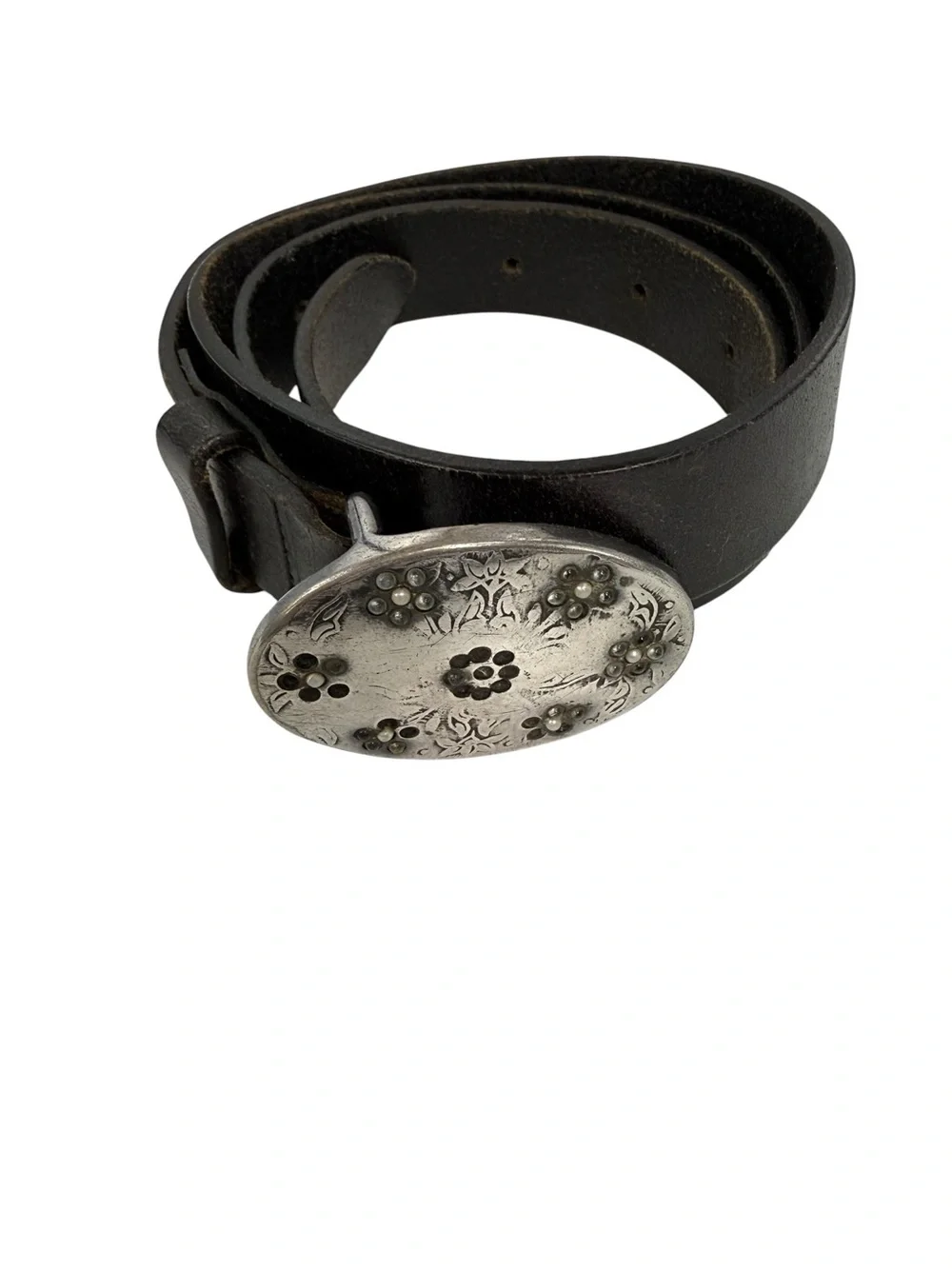 Western floral buckle black Leather belt made in Italy Nbel